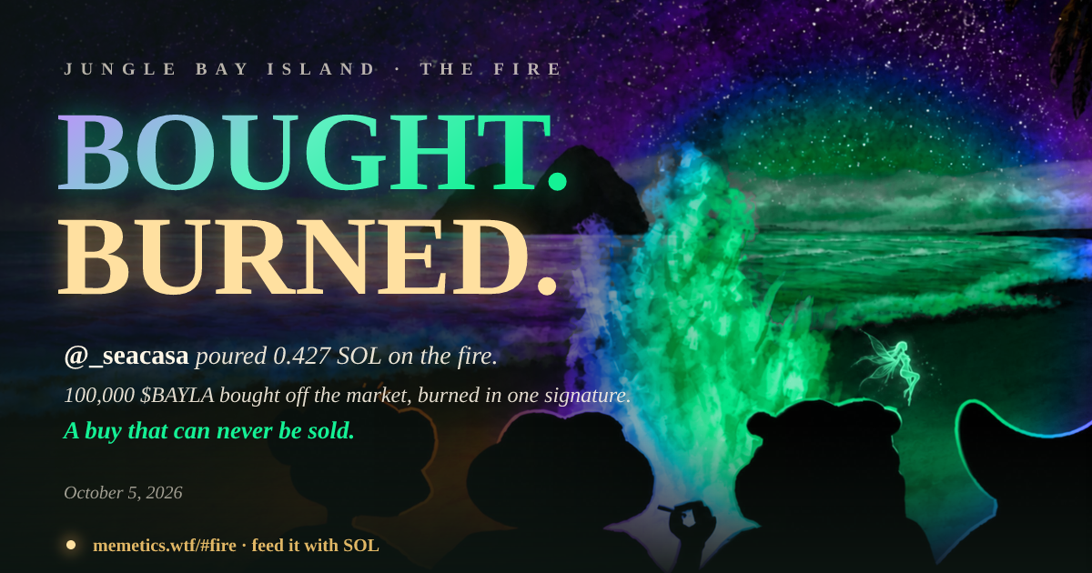 @_seacasa poured 0.427 SOL on the fire: 100,000 $BAYLA bought and burned · Jungle Bay Island