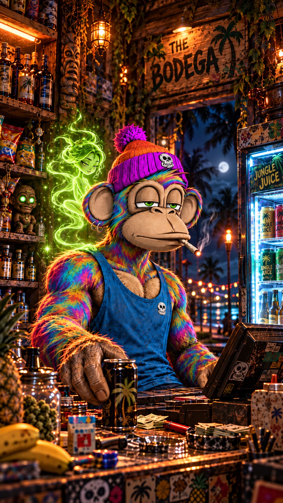 The bodega on the shore at night: the clerk at the register, the muse over his shoulder, the cooler of jungle juice, the sign in neon.