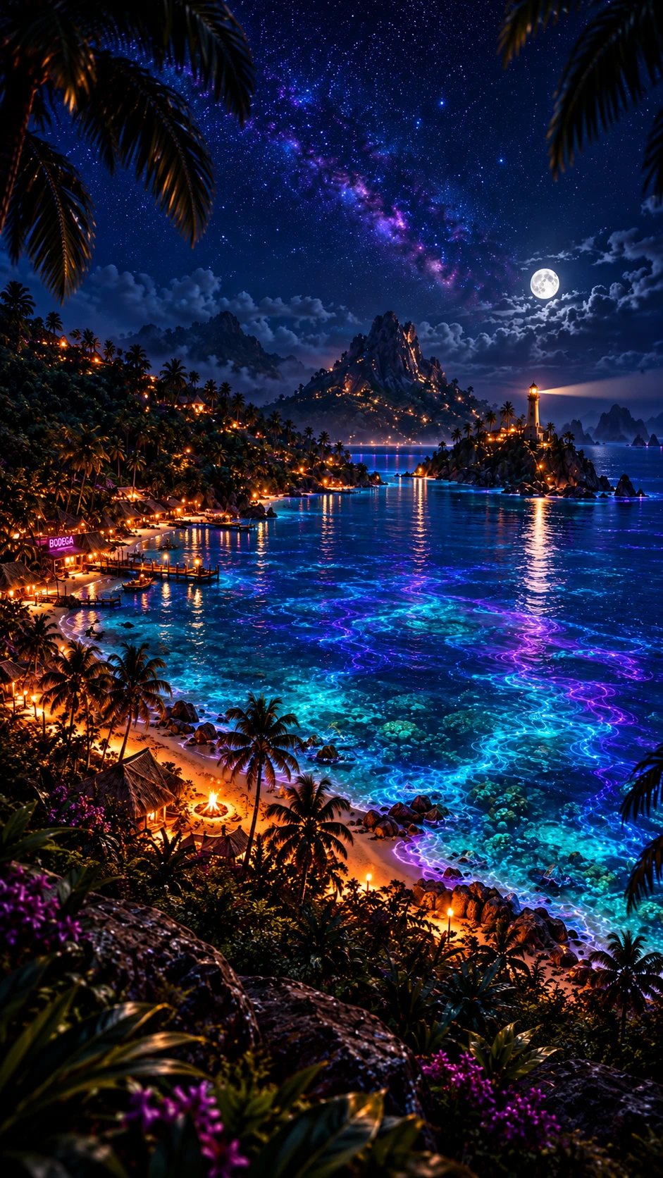 The same overlook after dark: the bungalows lit along the shore, the lighthouse on the point, the fire on the beach.
