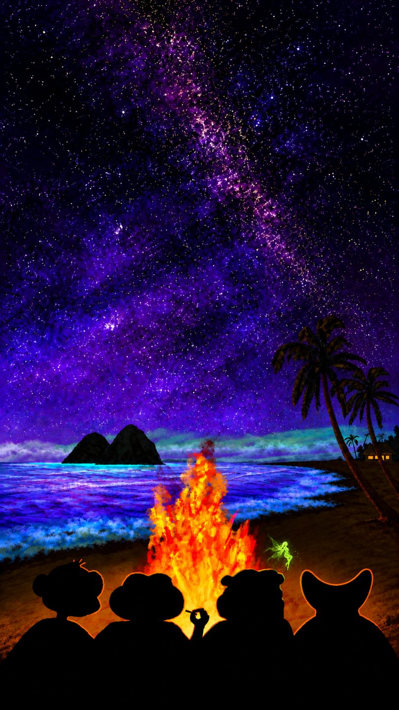 The bay at night under a violet sky, the fire on the beach, the lagoon glowing.
