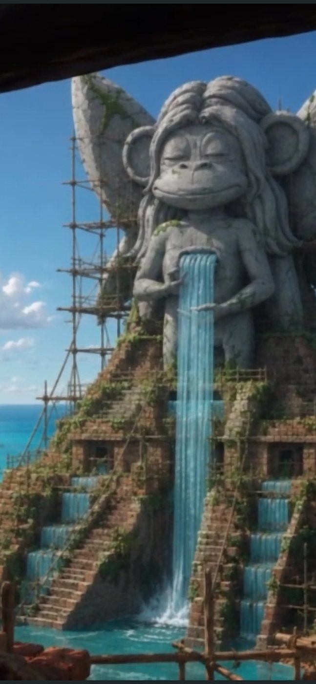The great stone figure on the island, scaffolding still on it: a bungalow going up.