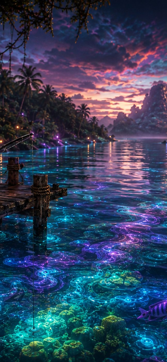 The DMT Lagoon after dark: a resident fishing from the dock, the water glowing.