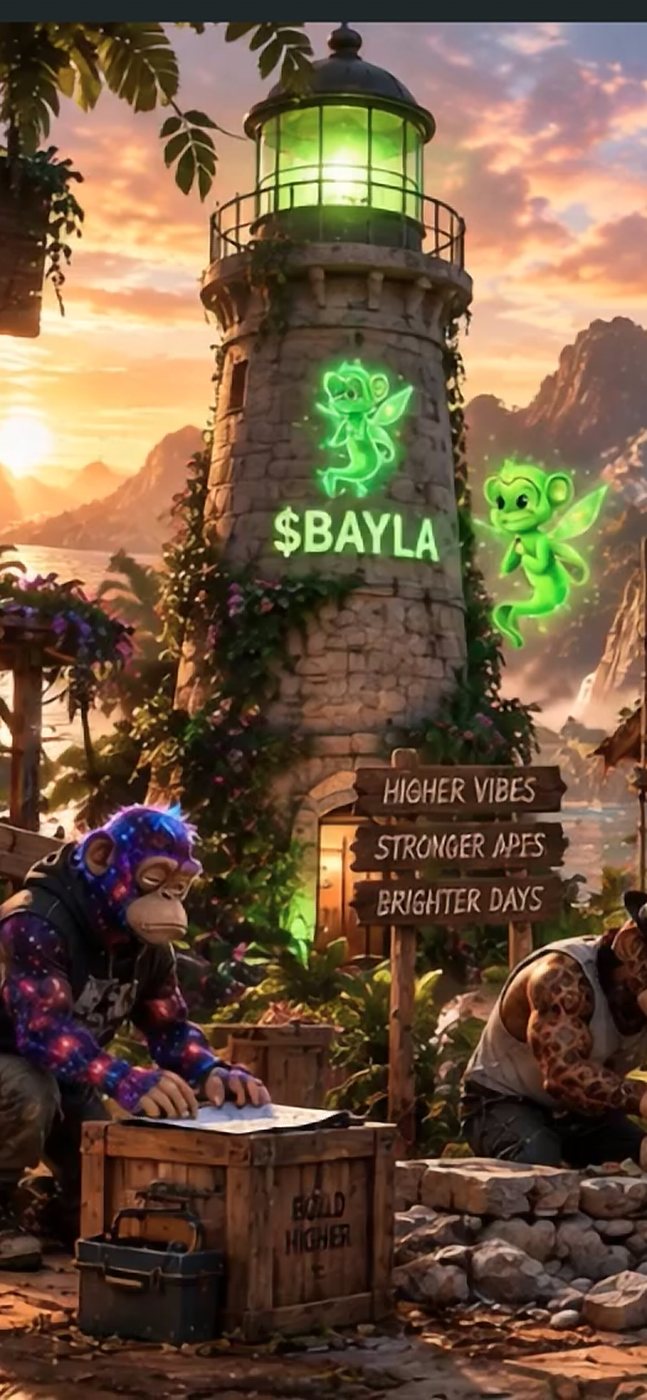 Bayla's lighthouse on the shore at dusk, her sign lit green.